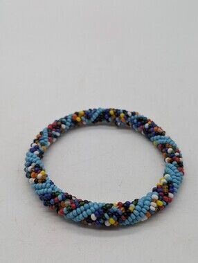 Boho Glass Bead Crochet Roll-On Bracelet Multicolor Blue